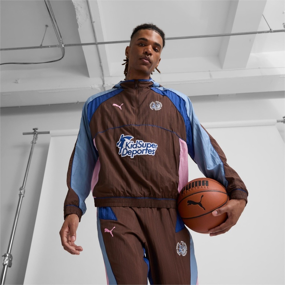 PUMA KidSuper Hoops Track Jacket Mens XL Brown Blue 1/2 Zip Nylon Soccer NWT
